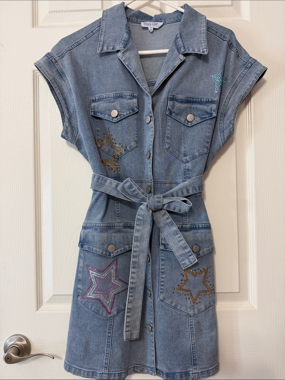 Peach Love California Light Blue Denim Star Embellished Belted Dress
